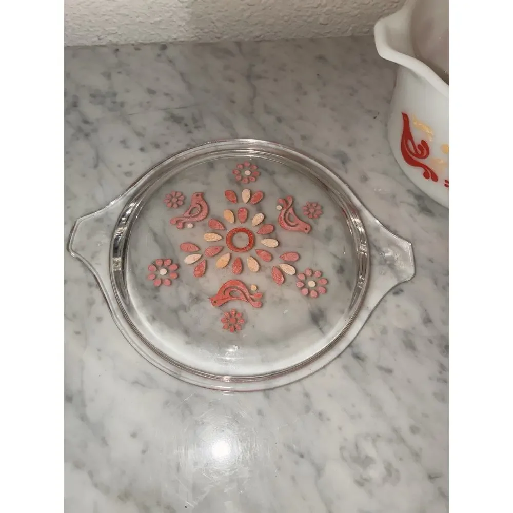 Pyrex Friendship Casserole Dish #473 1 Qt Lid Red Birds Flowers Vintage
